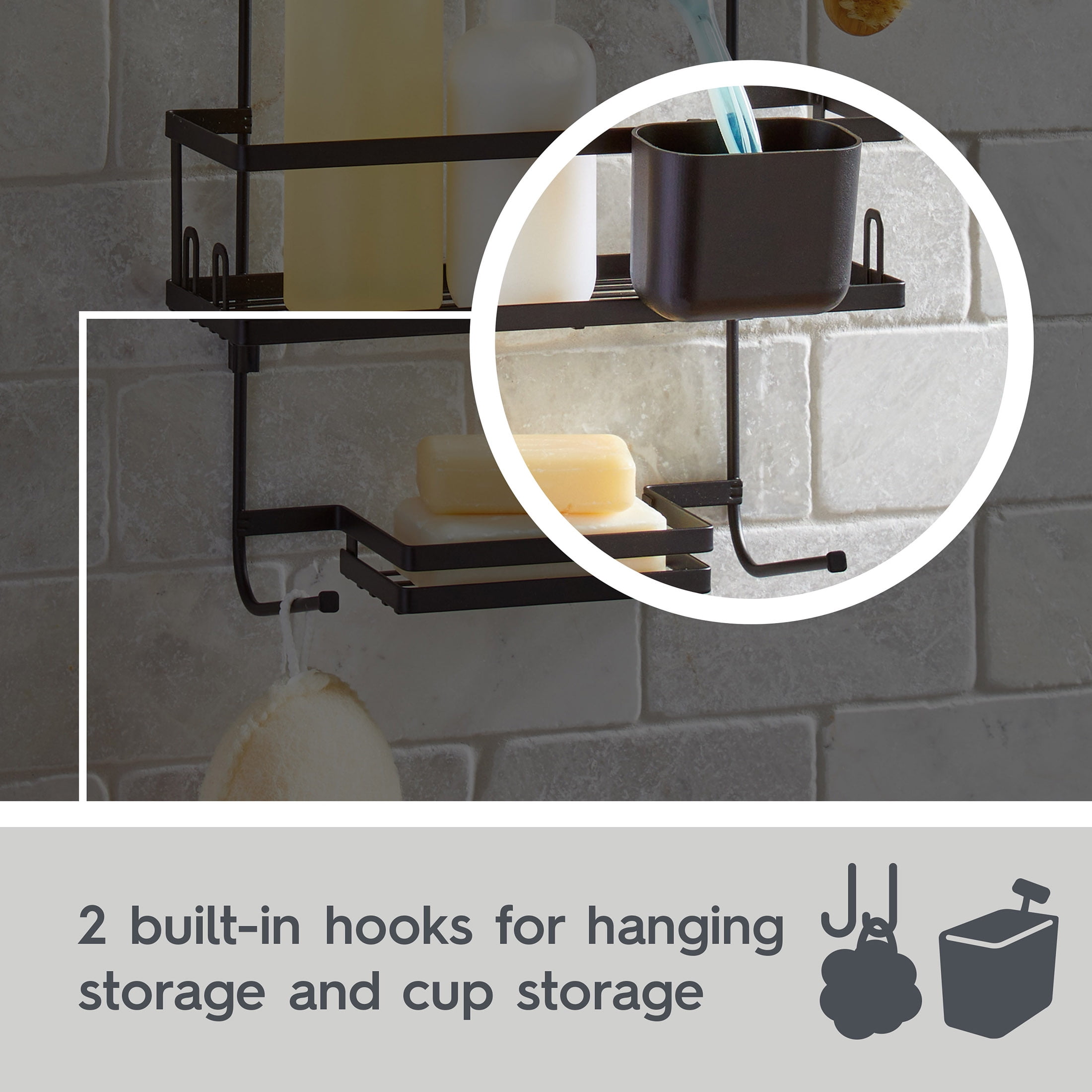 Better Homes & Gardens Matte Black Hanging Shower Caddy with Lock-Top and Soap Tray