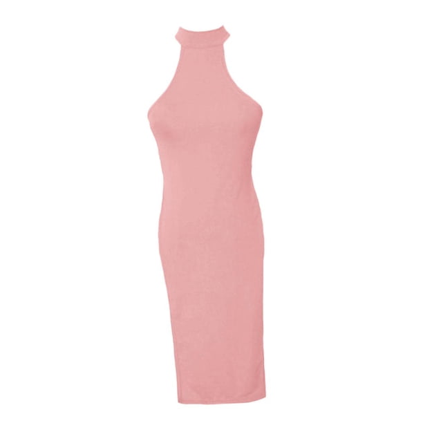 Vestido camisón cheongsam ultrafino con escote halter y abertura alta para mujer Rosado