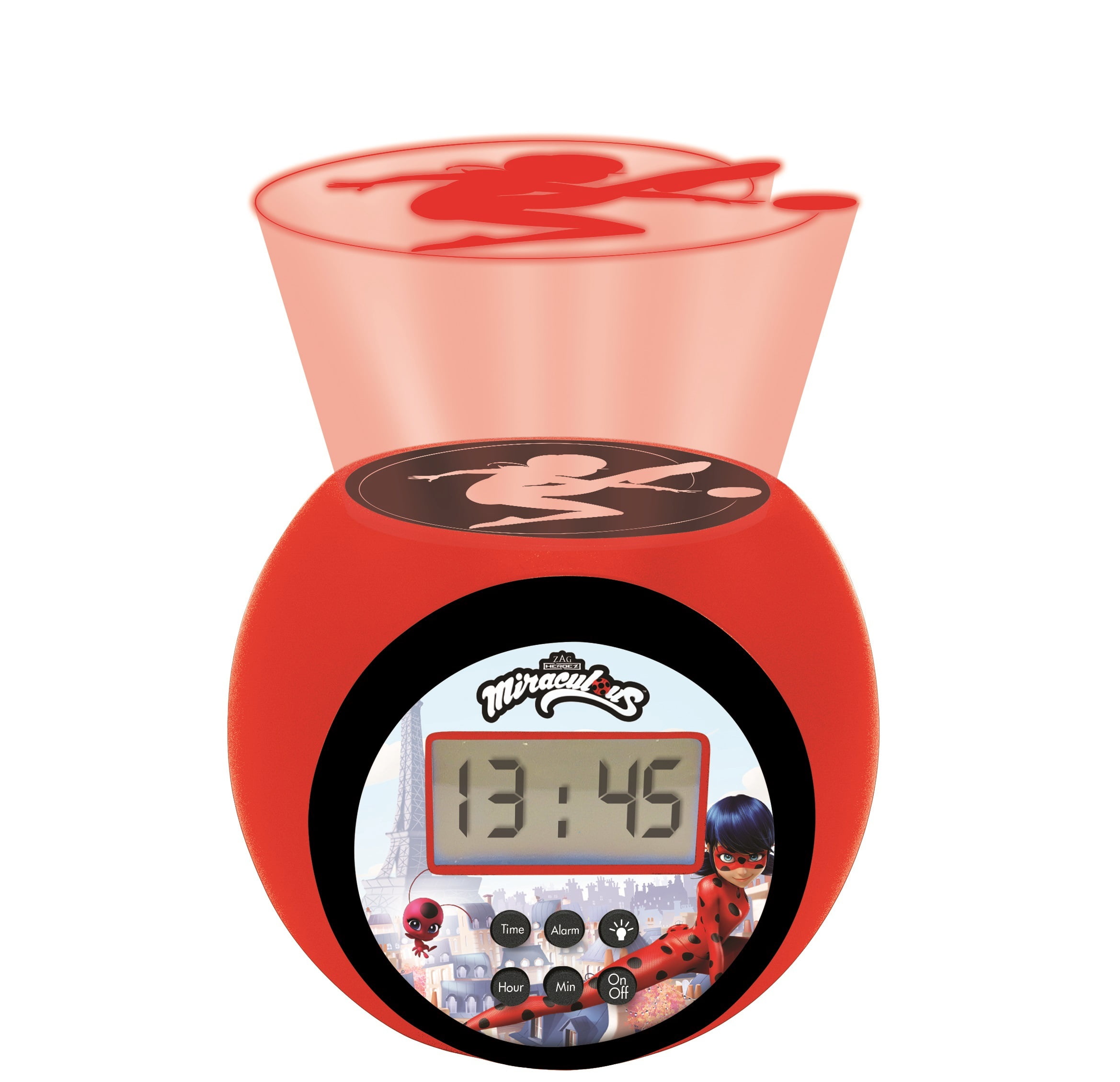 Lexibook - Miraculous Projector Alarm Clock with Snooze Function and Alarm Function, Night Light with Timer, LCD Screen, Battery Operated, Red / Black