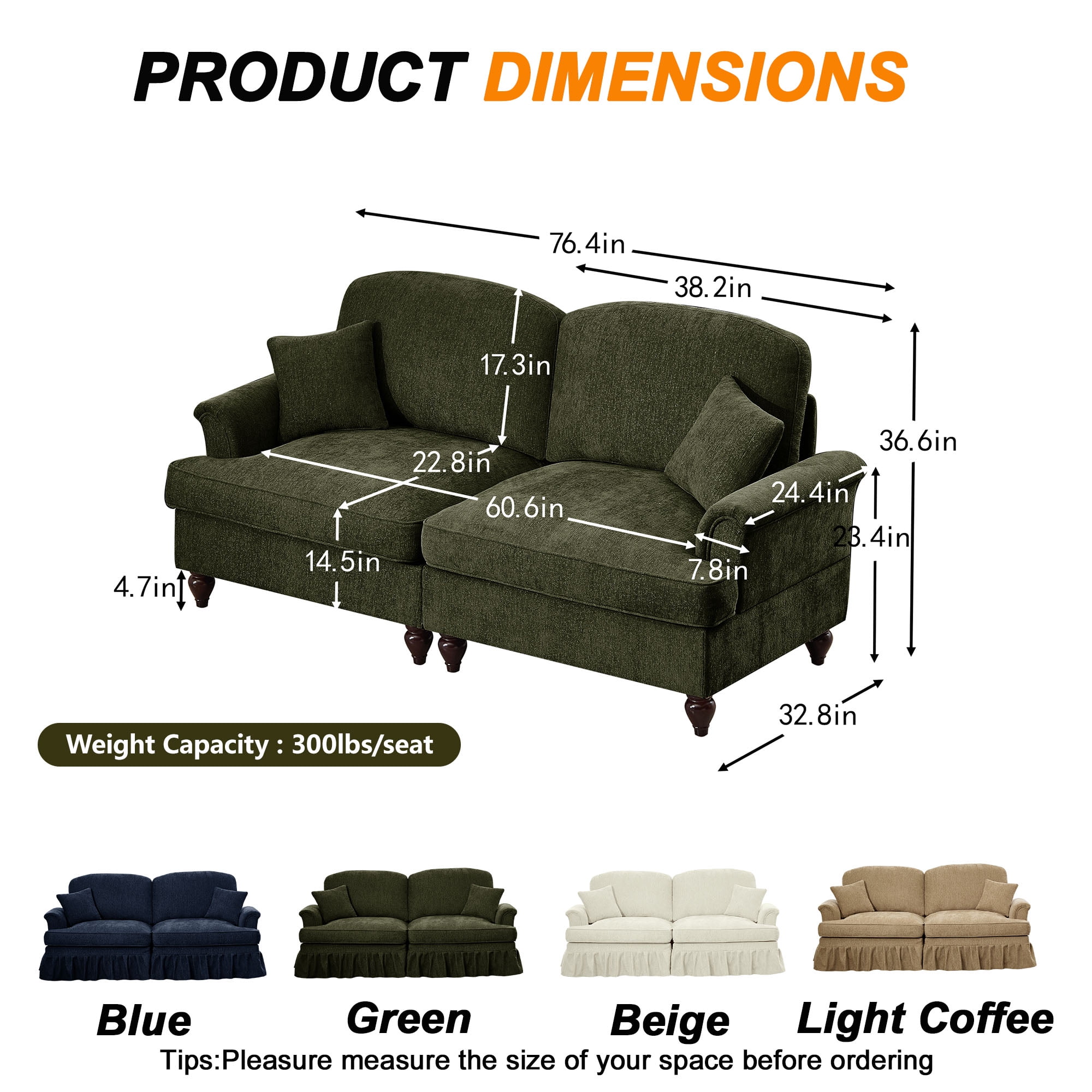 Firscook 76” Chenille 2 Piece Sofa Set, Oversized Loveseat Couch Set for Living Room, Green