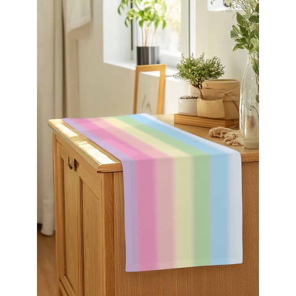 Candy Rainbow Stripes Table Runner 13x90in Non-Slip Cotton Linen Table Runners, Ombre Art Color Gradient Dresser Scarves TableRunner for Dinner Kitchen Dining Wedding Party
