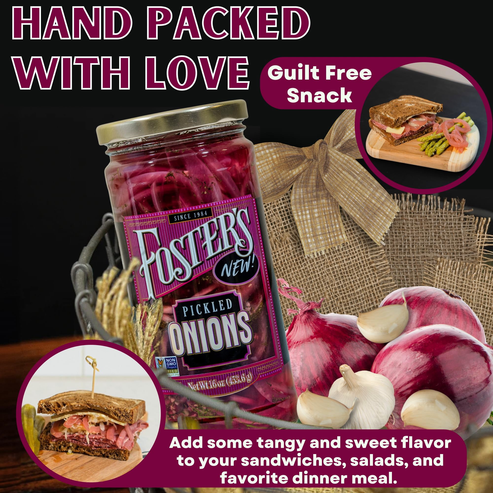 Foster's Pickled Red Onions in a Jar,  16oz, 2 Pack, Traditional Vegetables Recipe for over 40 years, Low Calorie Snack Chopped Onion, Gluten Free, Fat and Preservative Free Red Onion