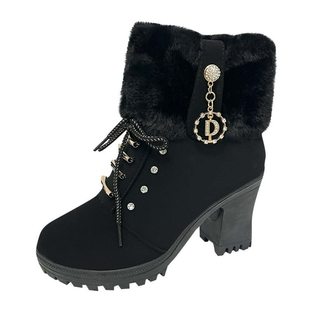 Black Chunky Heel Lace-Up Ankle Boots For Women Comfortable Fall Winter Fashion Boots