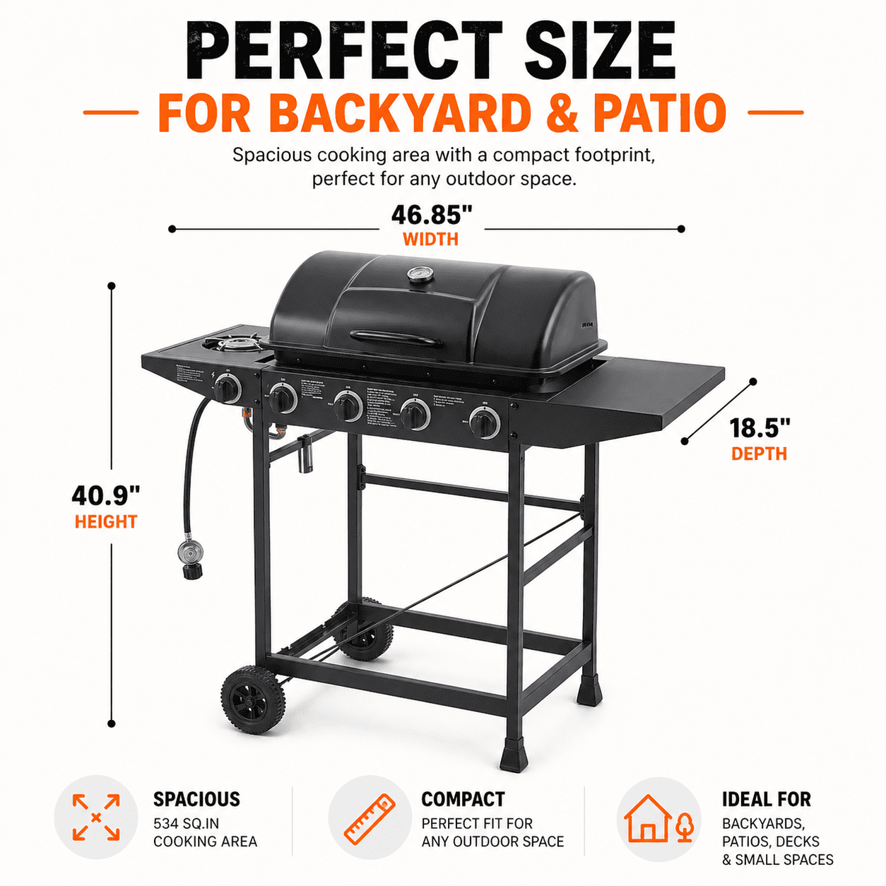 4 Burner Propane Gas Grill with Side Burner, 42000 BTU Stainless Steel BBQ Grill with Cast Iron Grates, 534 Sq In Cooking Area, Outdoor Barbecue Grill with Side Tables for Patio Backyard Cooking