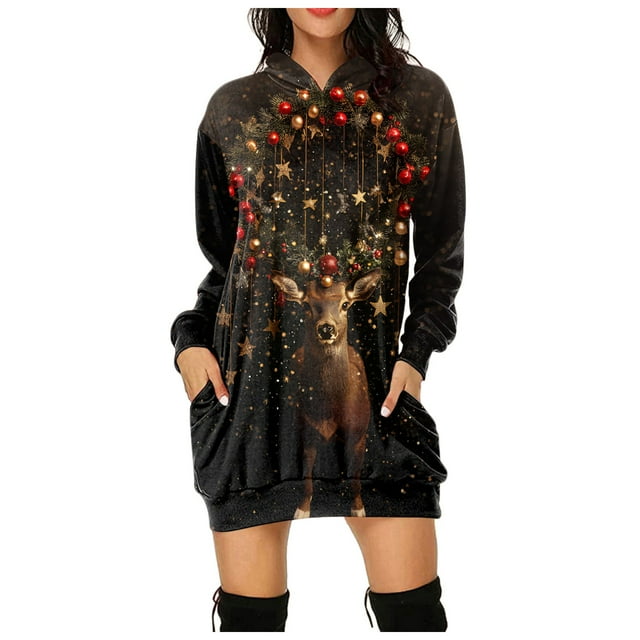 TJAZFJPA Robes Grande Taille pour Femmes Robe Formelle Confortable pour Femmes Robe Imprimée Vintage Robe à Manches Longues Sweat à Capuche Robes Midi à Manches Longues avec Poches Robe Vert Foncé