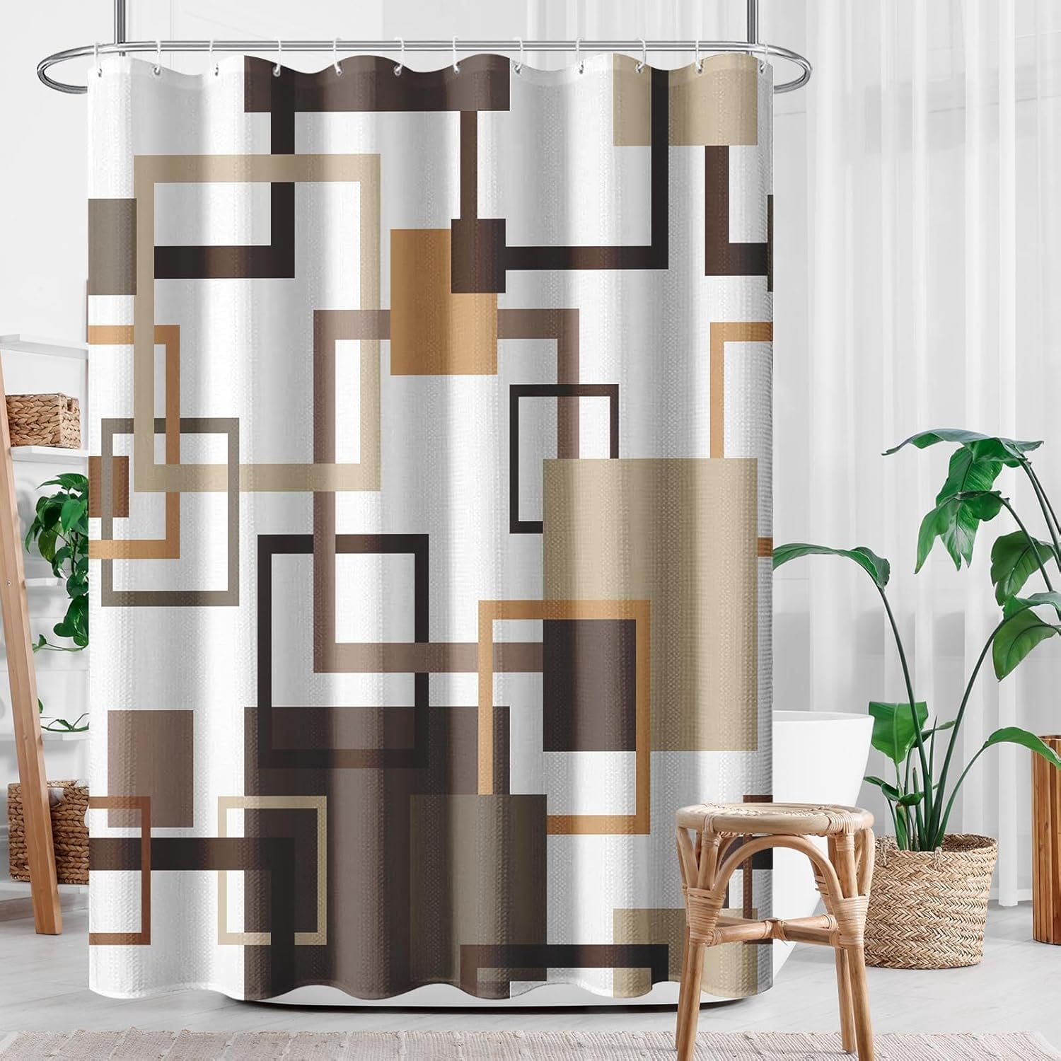 Vintage Brown Shower Curtain Set with Window Curtain, Royal Abstract Line Modern Bathroom Window Curtain with Waterproof Shower Curtain Set for Bathroom Decor