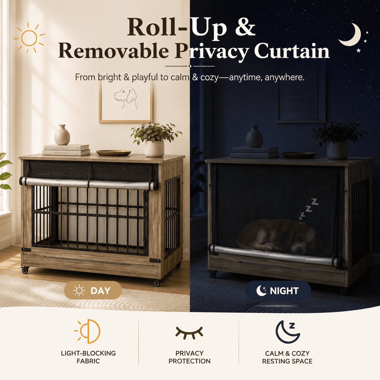 Aukfa 46-Inch Large Dog Crate Furniture, Indoor Dog Kennel Decorative Pet Cage End Table, Lift-Up Door, Curtain & Wheels,Greige