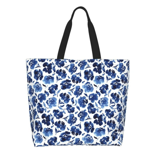 Disketp Blue Ink Flowers Bolsa Tote Estampada para Mujer, Bolso de Hombro y de Mano para Compras y Viajes