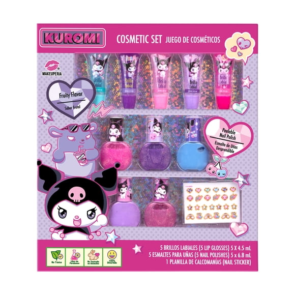 Maquillaje Infantil KUROMI para Niñas, Set de Cosméticos con 5 Brillos Labiales, 5 Esmaltes Desprendibles, Calcomanías para Uñas, Sabor Frutal, Ideal como Regalo Seguro y Lavable