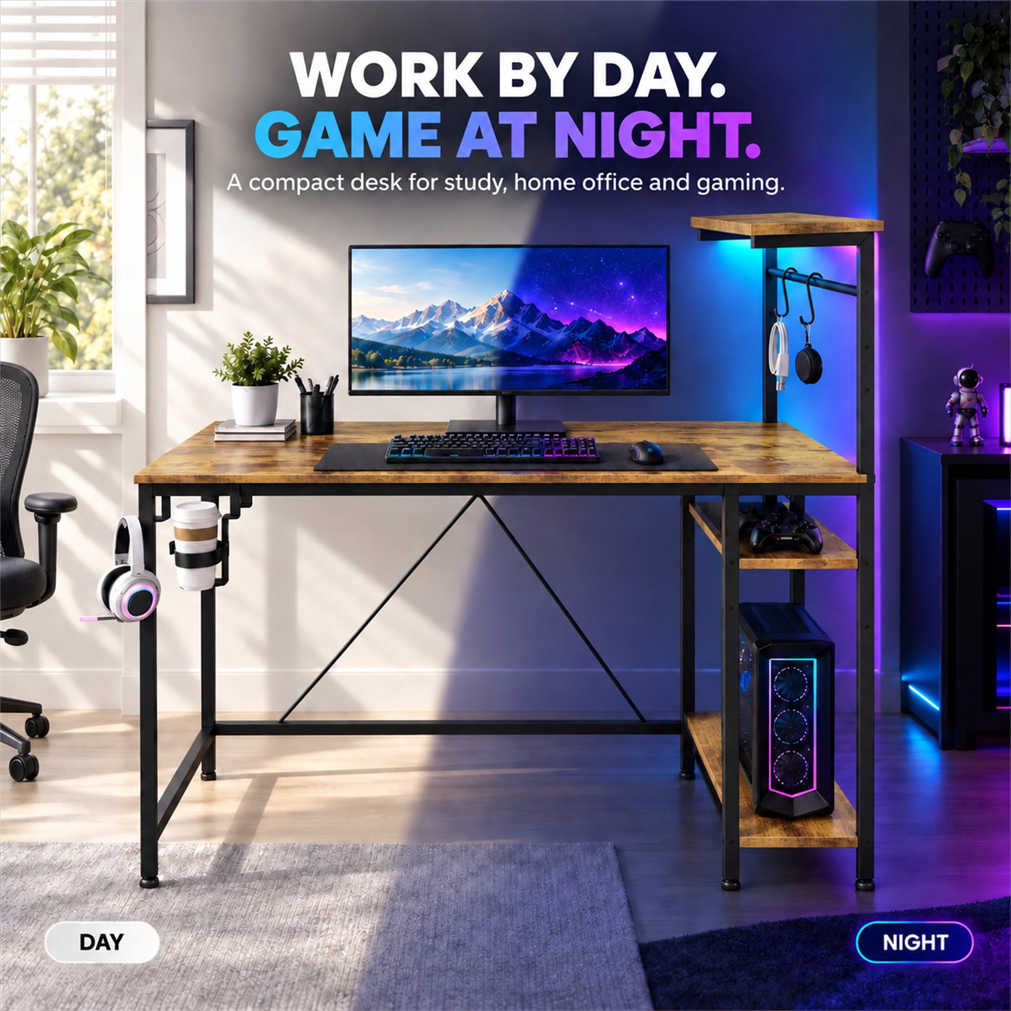 CloudRest Pro 44 Inch Gaming Desk with RGB LED Lights, Reversible Computer Desk with 4-Tier Storage Shelves, Cup Holder and Headphone Hook, Rustic Brown