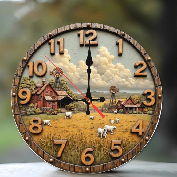 Farmhouse Landscape Wall Clock Rustic Sheep Country Scene 10-Inch Silent Wooden Wall Clock, Battery Operated (AA Batteries Not Included), Artistic Home Decor