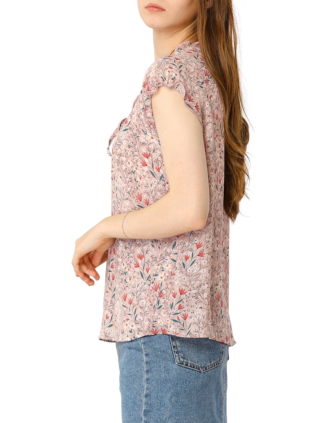 DARING DIVA Women's Ruffle V Neck Cap Sleeve Chiffon Floral Blouse Top M Pink
