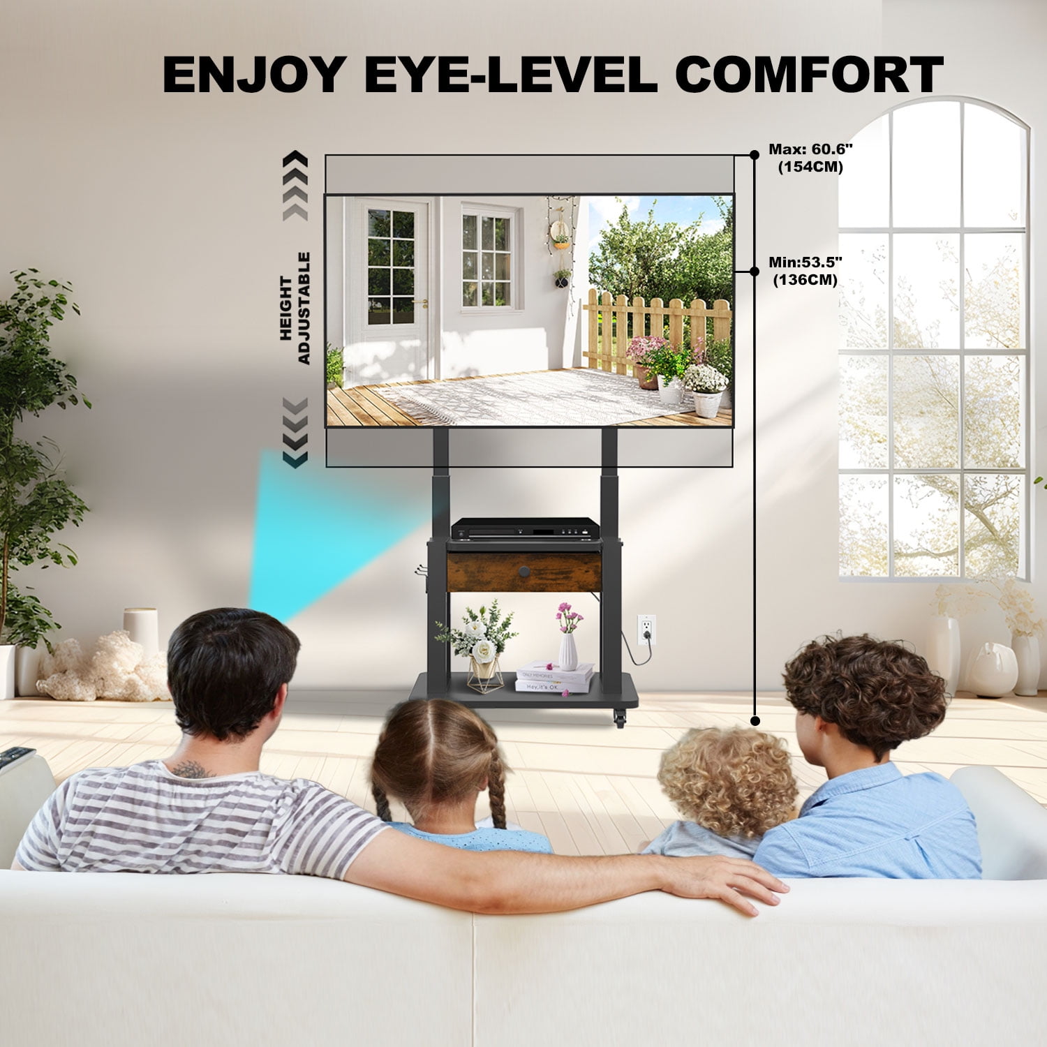 Hellsehen Rolling TV Stand with Fabric Drawers Power Outlet Adjustable Height for 32-75 inch Flat Screens Black Retro