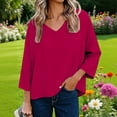 thumbnail image 2 of Summer Tops For Women V Neck Linen Loose Top With Curved Hem Short Sleeve Shirts 3/4 length Sleeve Womens Tops, 2 of 8