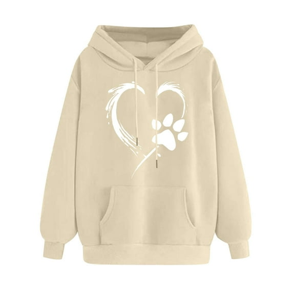 Oalirro Women's Heart Graphic Drawstring Hoodie Round Neck Cute Sweatshirt Comfy ActiveValentine's Day PulloverBeige,L