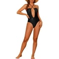 thumbnail image 2 of Women's Criss Cross Halter Cutout Drawstring Swimsuit Plunge 1 Piece Bathing Suit Monokini Swimwear Black M, 2 of 5