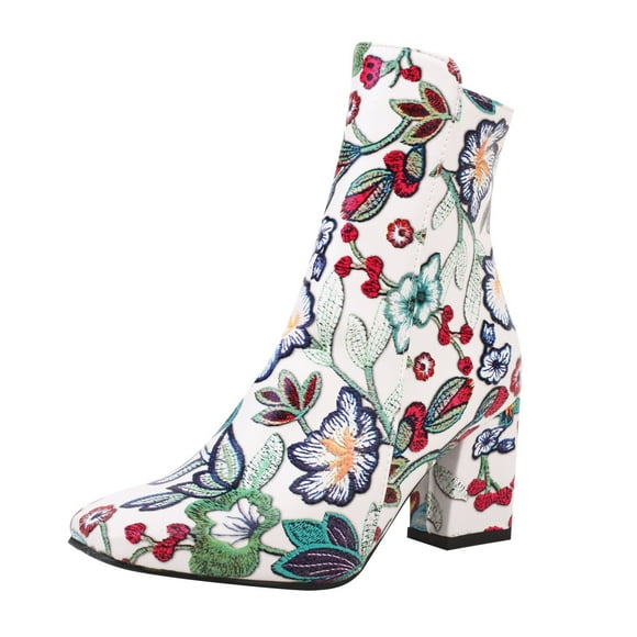 Bmisegm Ladies Autumn and Winter Fashion Elegnt Embroidered Printing Retro Thick Heel Round Toe Zipper ComfortableNot to Wear Feet in The Boots Shoes Boots for Women White 6.5