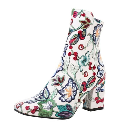 

TAIAOJING Women Boots Ladies Autumn And Winter Fashion Elegnt Embroidered Printing Retro Thick Heel Round Toe Zipper ComfortableNot To Wear Feet In The Boots Casual Shoes