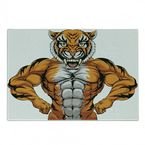 Animal Cutting Board, Wildlife Safari Animal Bodybuilder Tiger Cartoon Image, Decorative Tempered Glass Cutting and Serving Board, Small Size, Pale Grey Marigold, by Ambesonne