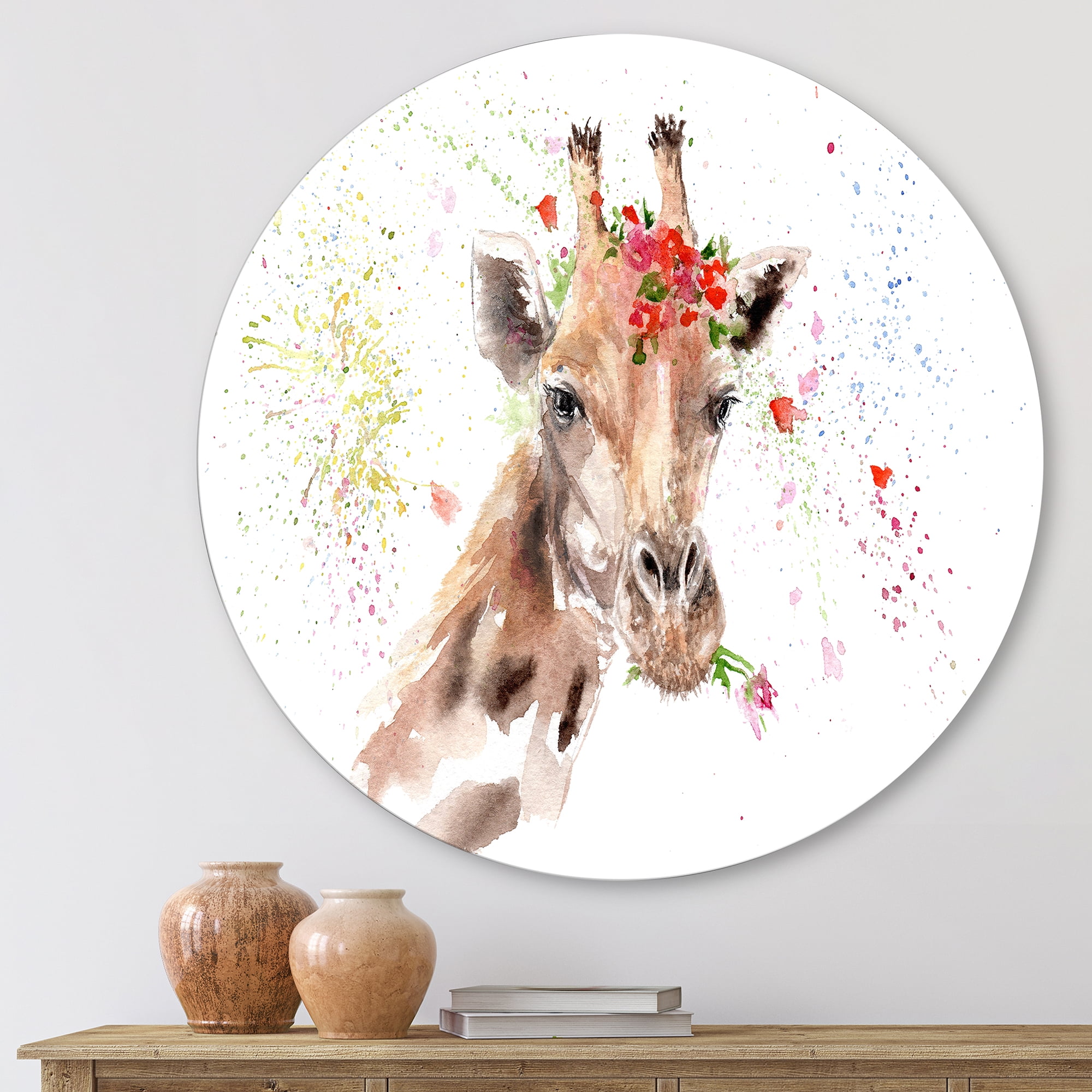 Designart 'Portrait of A Giraffe With Red Flowers II' Farmhouse Circle Metal Wall Art 11x11 - Disc of 11