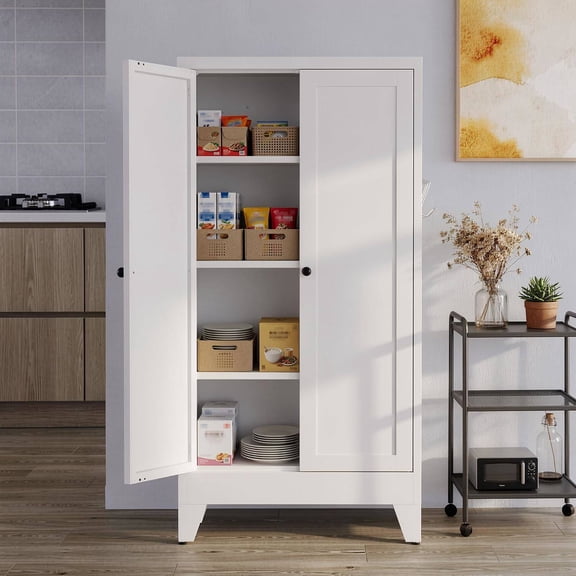 Kitchen Pantry Cabinet, 48" H with Doors and Adjustable Shelves, White Storage Cabinet for Kitchen, Garage, or Utility Room