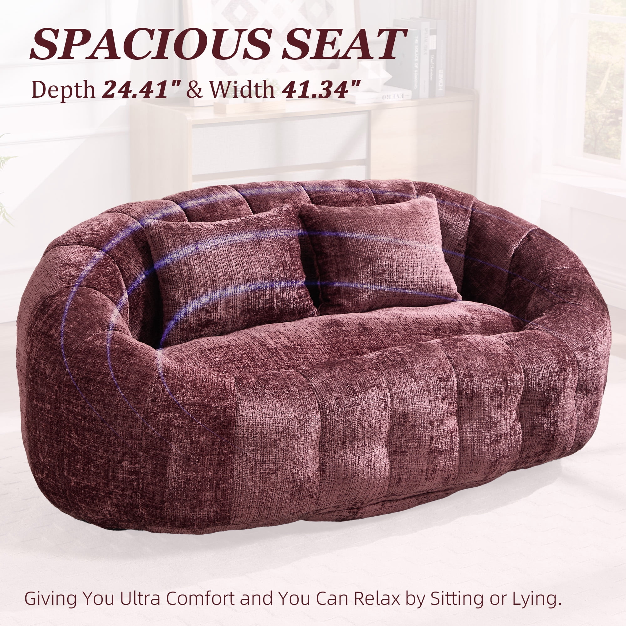 MOONMISS Large 59'' Bean Bag Chair for Adults,Chenille Shell-Shaped Couch with Two Pillows,Oversized Single Sofa,Wine Red