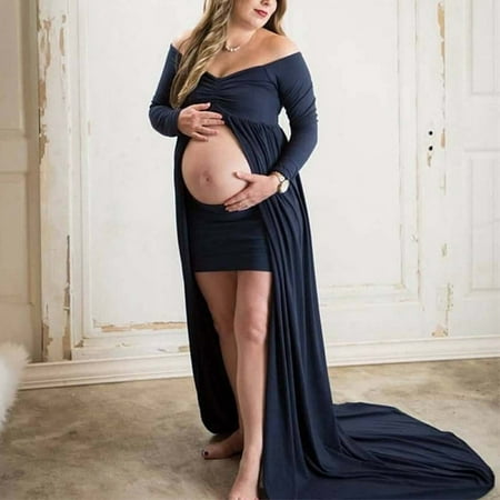 

Temperament Elegant Maternity Dress Women One Shoulder Long Sleeve Lace Slit Midi Dresses Photoshoot Flowy Pregnant Outfit Solid Color Empire Waist V-Neck Baby Shower Dress