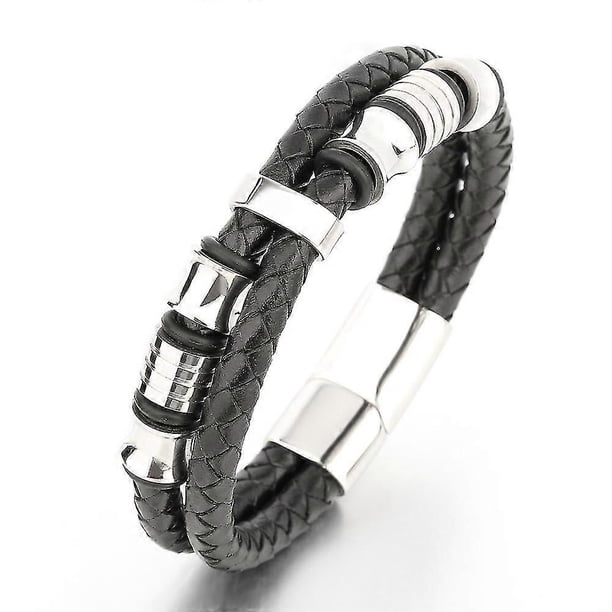 Premium Genuine Leather Bracelet For Men in Black | Magnetic Stainless Steel Clasp in Black, Silver and Gold | Exclusive Jewellery Box | Great Gift Id