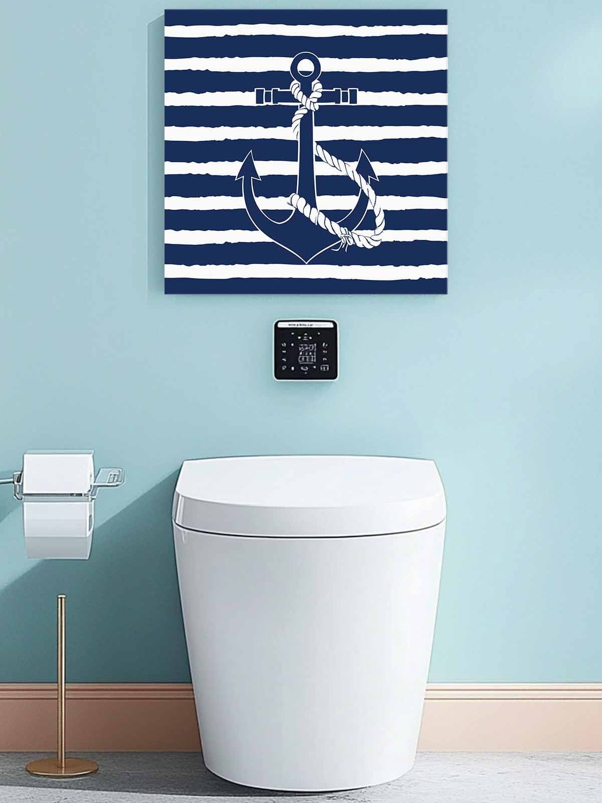Nautical Canvas Wall Art, Navy Blue and White Striped Retro Anchor Framed Wall Decor Modern Artwork Prints Painting for Living Room, Bedroom, Kitchen & Cafe Decor 12x12 Inch