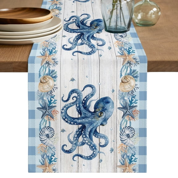 Table Runners 90 Inches Long Dress Scarves, Blue Octopus Coastal Farmhouse Coffee/Dining/Kitchen Table Decor Table Runner for Living Room, Summer Nautical Beach Coral Shell 13x90 Inch