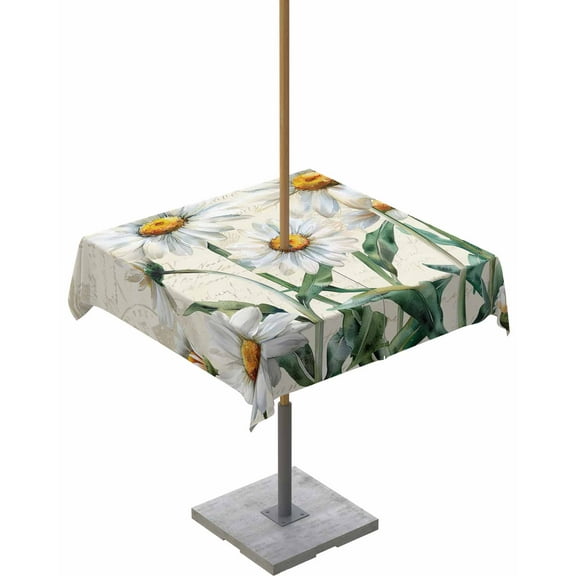 White Daisy Country Flower Square Tablecloth with Zipper,Waterproof Table Cloth with Umbrella Hole Patio Tablecloths for Outdoor Tables,Pastoral Botanical Retro Words Washable Spillproof Table Cover