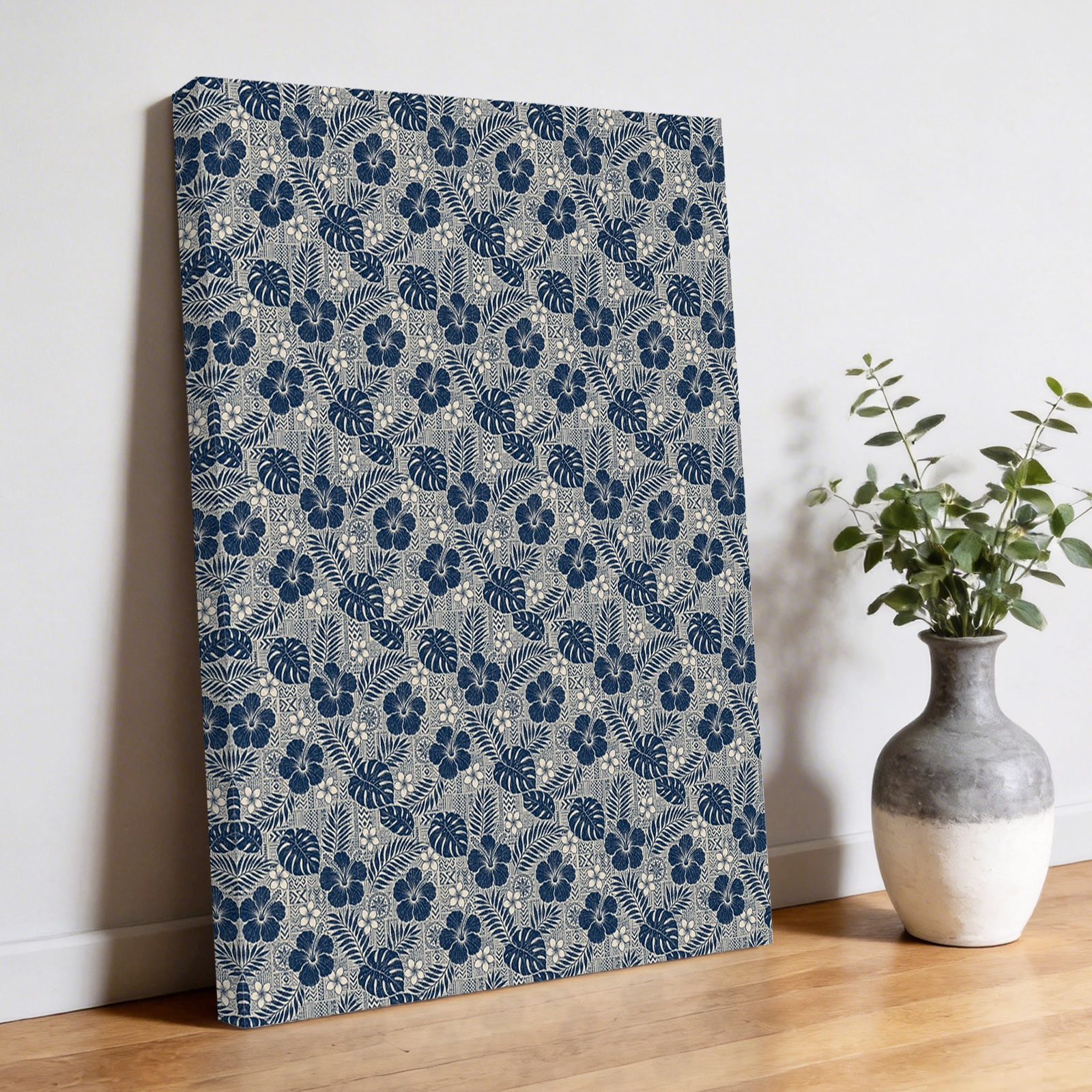 Hibiscus Flower Canvas Wall Art Rustic Tropical Navy Blue Monstera Palm Leaf Pictures Wall Decor Wooden Framed Artwork Art Prints for Living Room Hallway Bedroom Office 22 x28