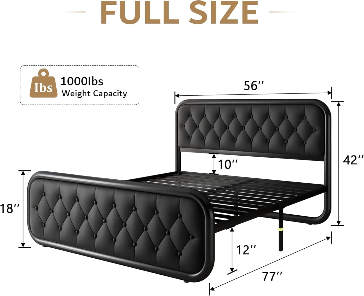Honfach Full Size Metal Bed Frame with Leather Headboard, Heavy-Duty Platform Bed Frame, Thicker Metal Steel Slats Support, 12'' Under-Bed Space, Black