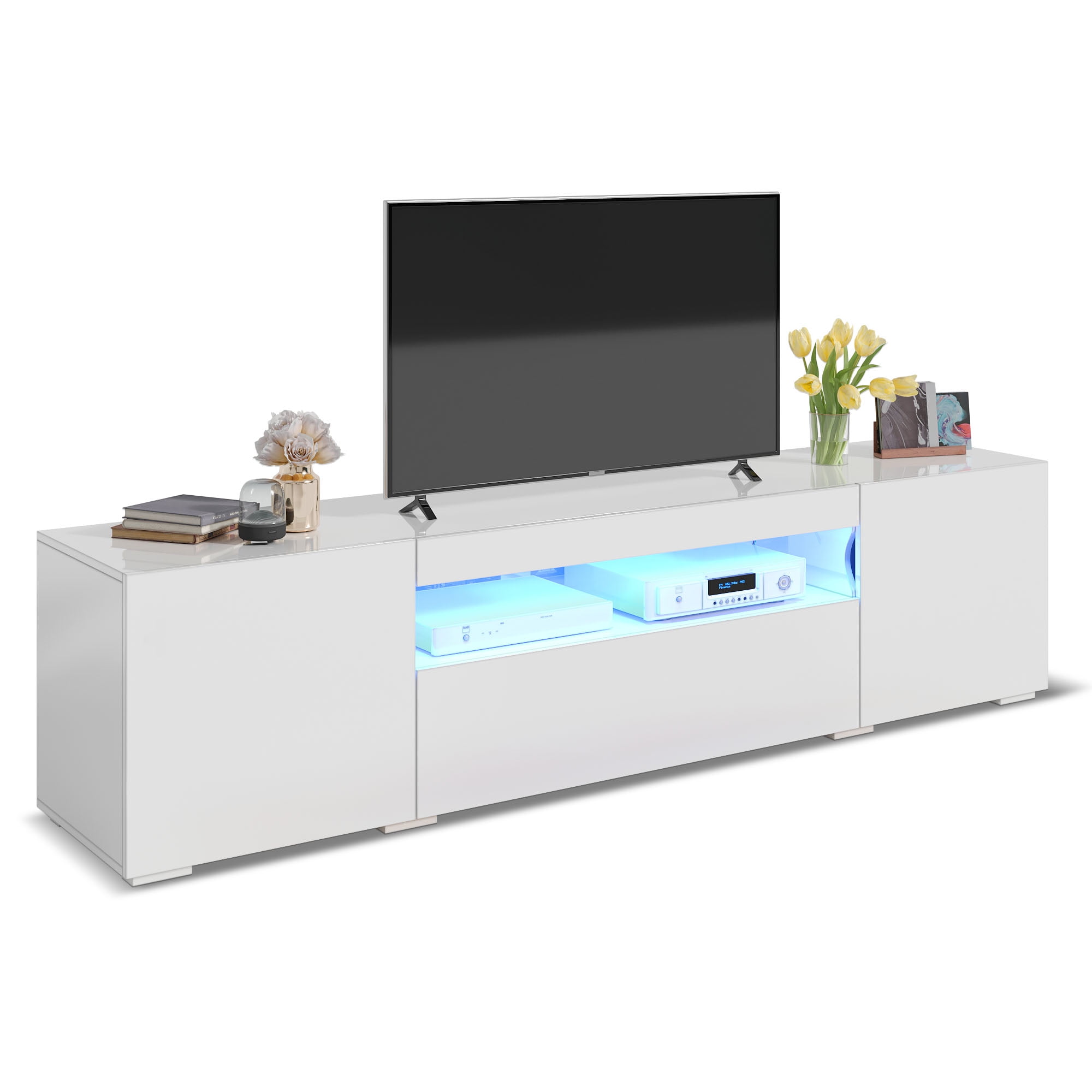 Dextrus Large LED TV stand for 75 inch TVs White High Glossy Media Center with 2 Cabinets and 1 Drawer for Living Room, 70"