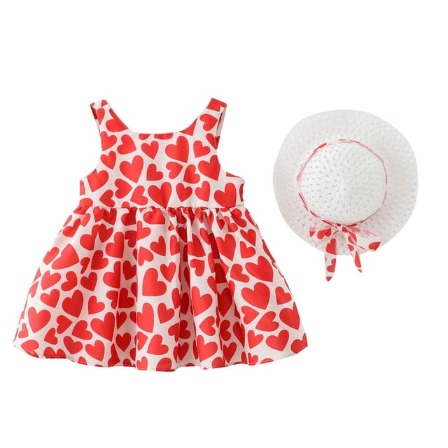 Ashirexll Robes pour Petites Filles Manches Courtes Col Rond Motif Imprimé Robe en Mélange de Coton Longueur Genou Rouge 4 Ans