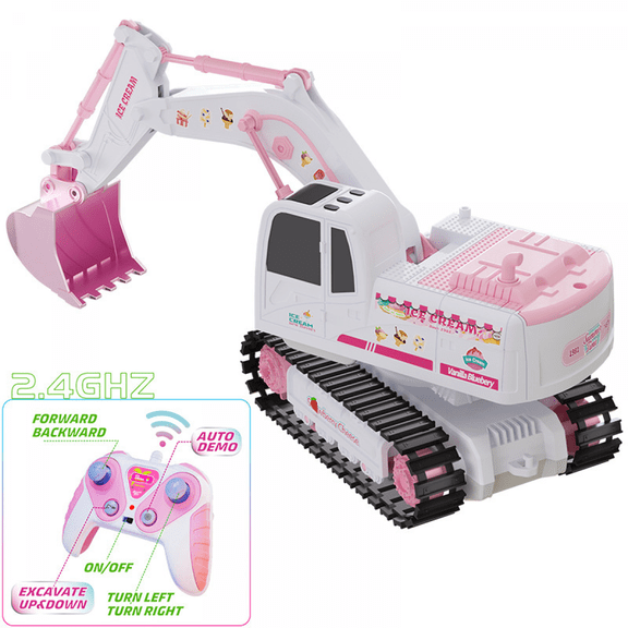 RC Excavator Toys 6Ch Remote Control Construction Vehicle for Kids, 1:24 Light Red Excavator Toy with DIY Stickers & Lights for Girls Gifts