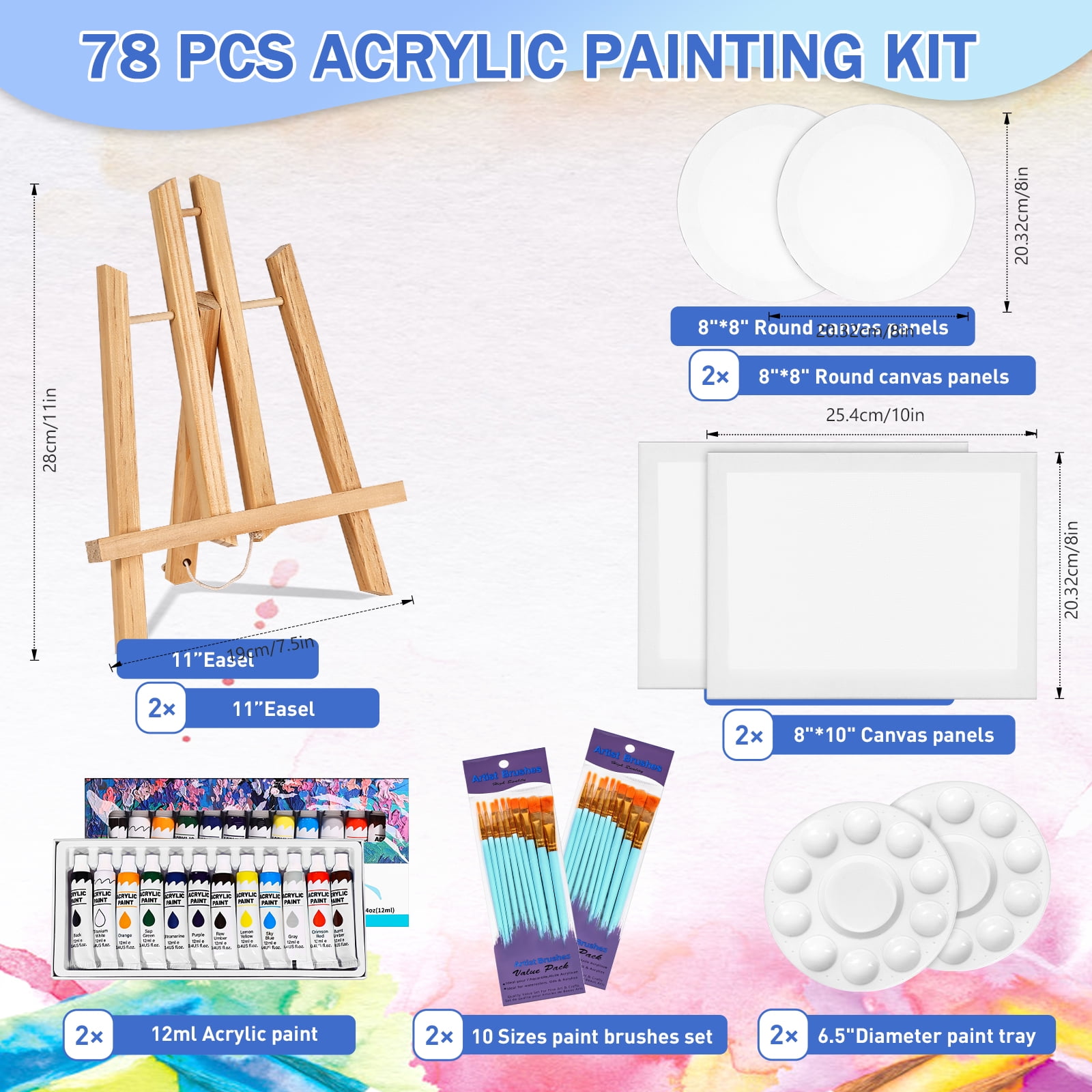 78 PCS Acrylic Paint Canvas Set, Sip and Paint Kits with 3 Wood Easel, 3 * 12 Colors, 30 Brushes, 6 Canvases, Painting Supplies Kit for Kids,Adults, Students, Artists and Beginners