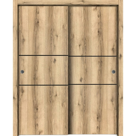 Sliding Closet Bypass Doors 36 x 80 inches | Planum 0014 Oak with Frosted Glass | Sturdy Rails Moldings Trims Hardware Set | Wood Solid Bedroom Wardrobe Doors