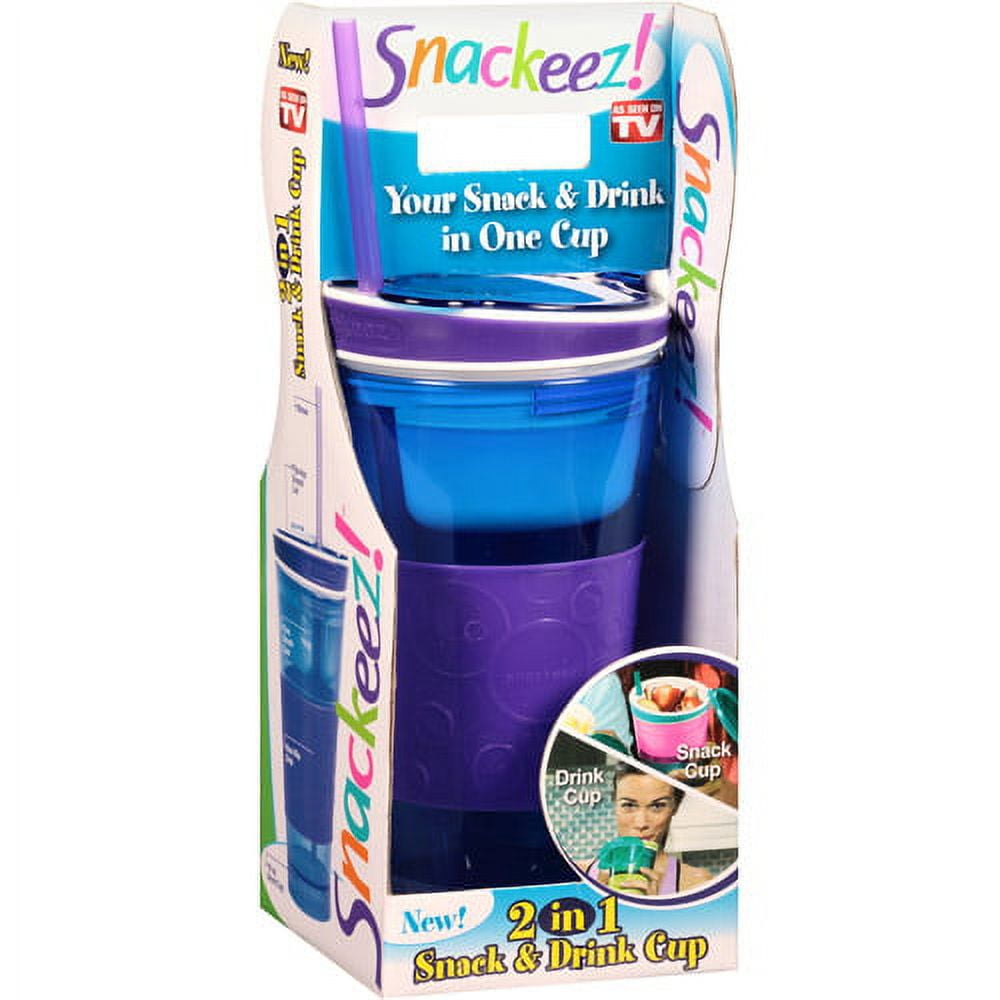 Snackeez Travel Snack & Drink Cup with Straw, Blue,16 oz