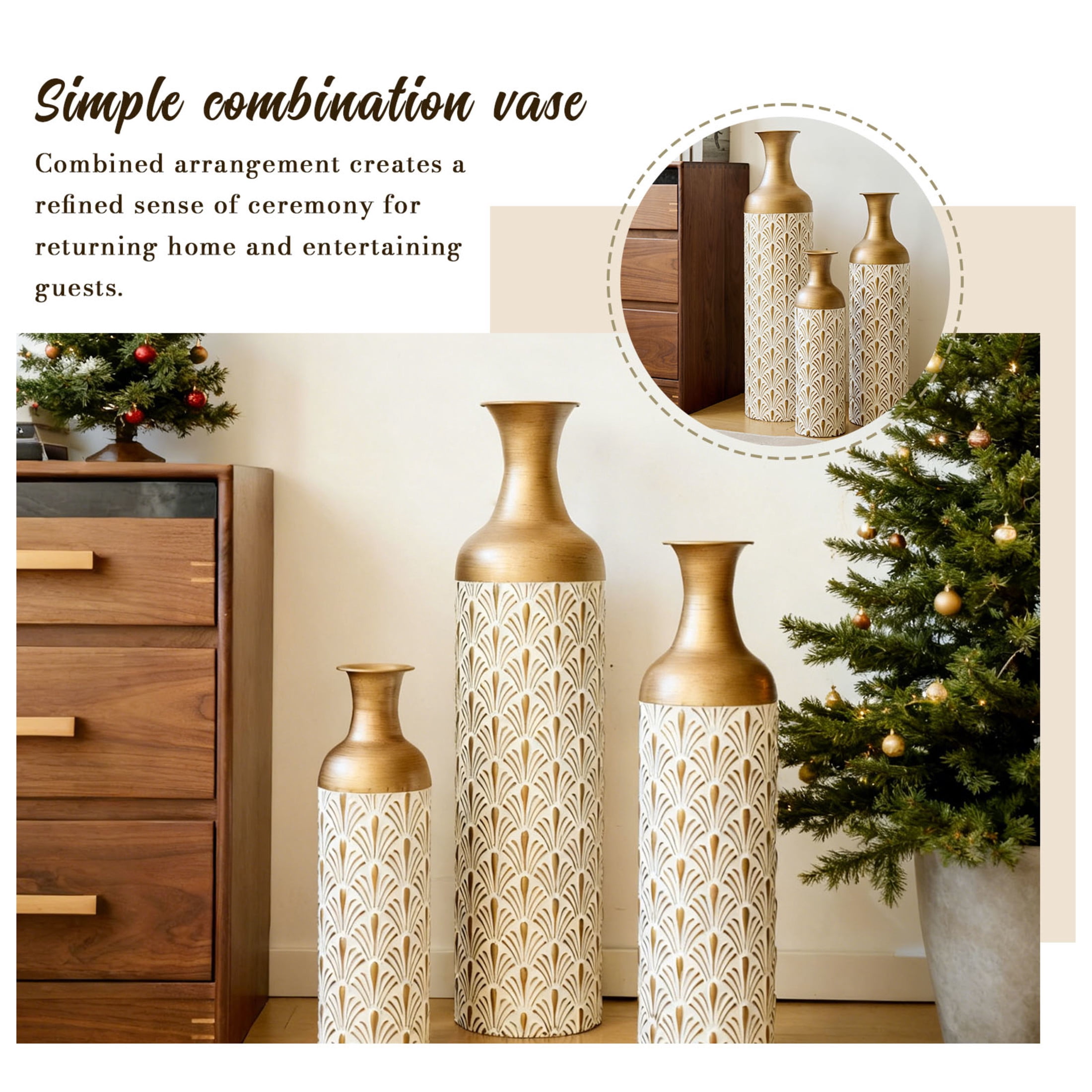 Noble House 3-Piece Metal Floor Vase Set, Decorative Vases with Fan Pattern, Antique Brass + White