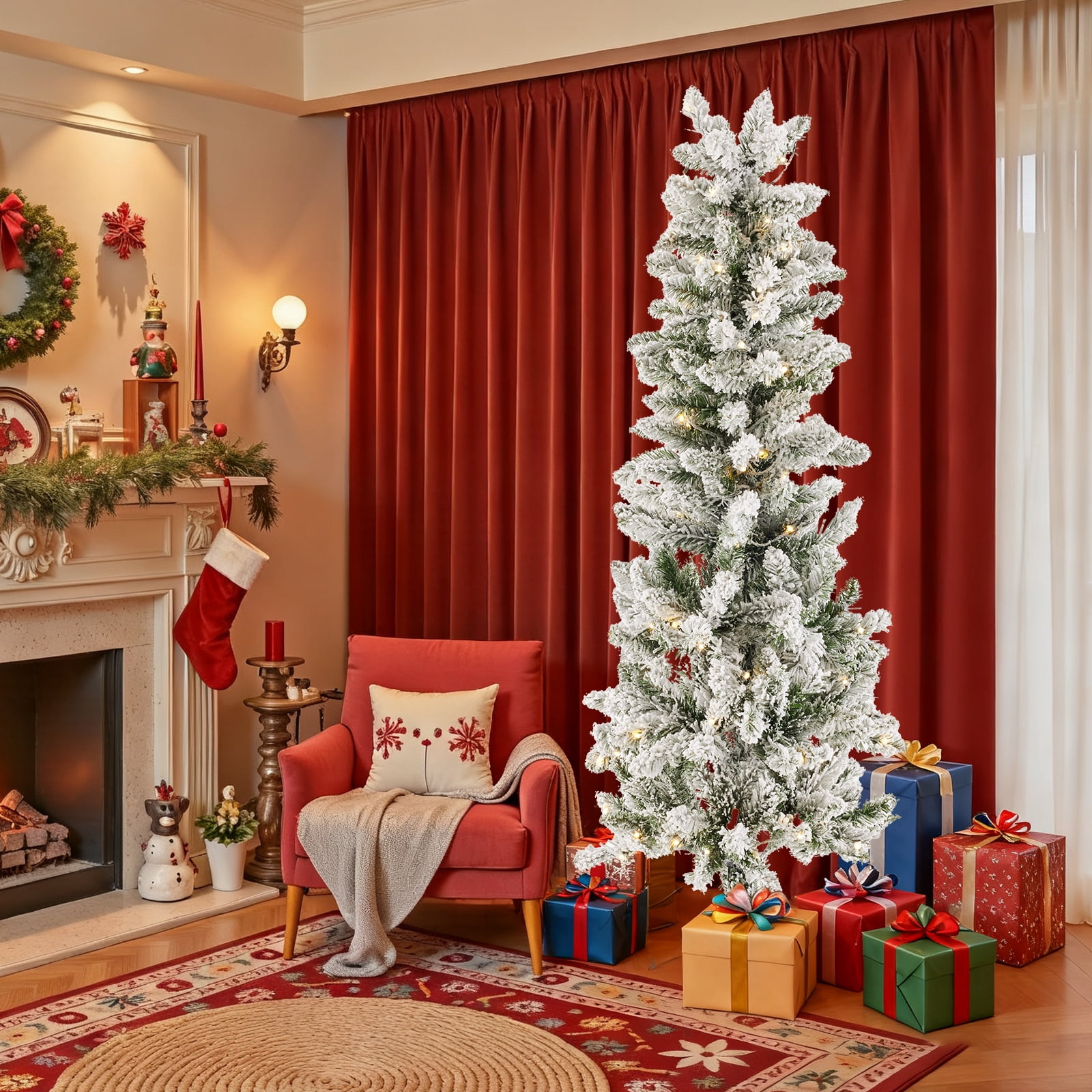 CONCETTA 7.5ft Snow Flocked Pencil Christmas Tree, Prelighted Artificial Christmas Trees with 350 Incandescent Lights, 860 Branch Tips & Foldable Base for Home, Office, Party