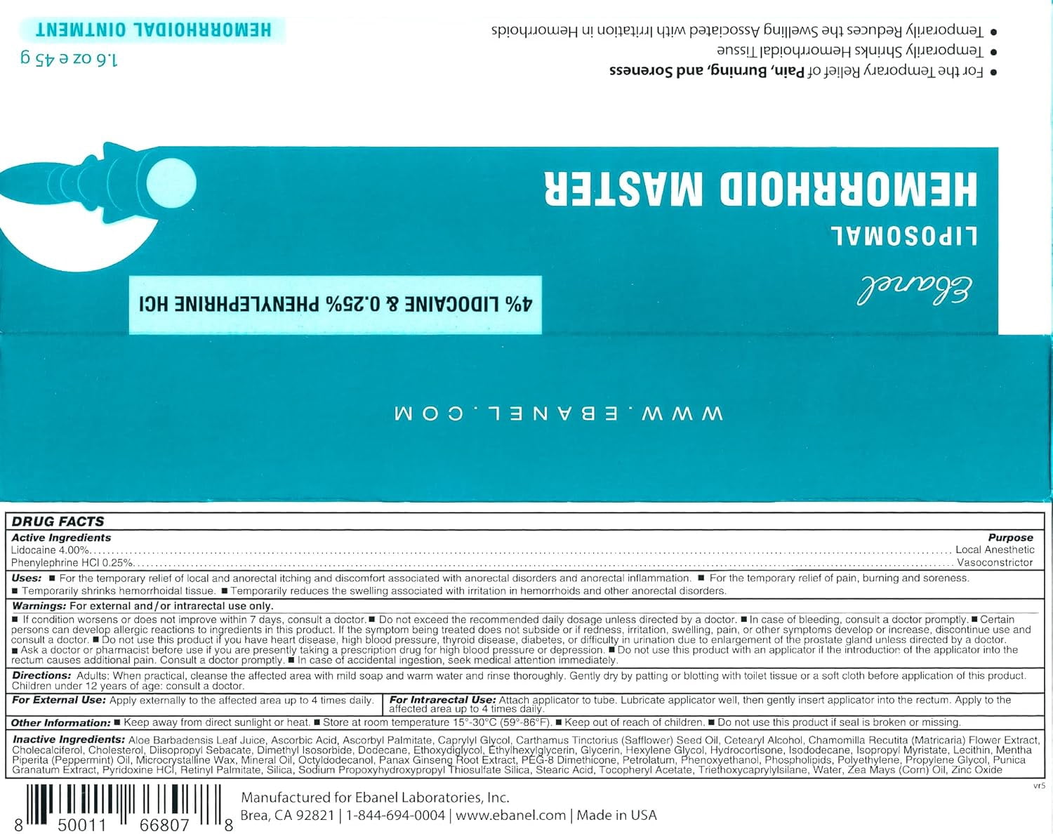 Ebanel 4% Lidocaine Hemorrhoid Treatment Ointment with Phenylephrine, Hydrocortisone, Vitamins B6, D3, E, Zinc Oxide, External and Internal Hemorrhoids Treatment Burn Itch Pain Relief Anal Cream
