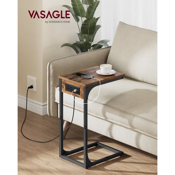 Rustic Brown C - Shaped Side Table - End Table with Charging Station (2 USB Ports & Outlets). Adjustable Feet, Ideal for Couch