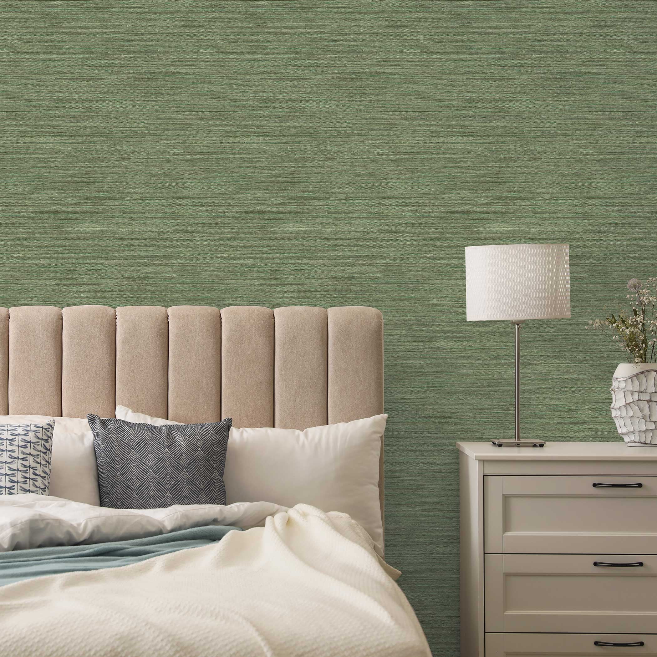 Tempaper Horizontal Faux Grasscloth Woodland Green Removable Peel and Stick Wallpaper, 20.5 in X 16.5 ft
