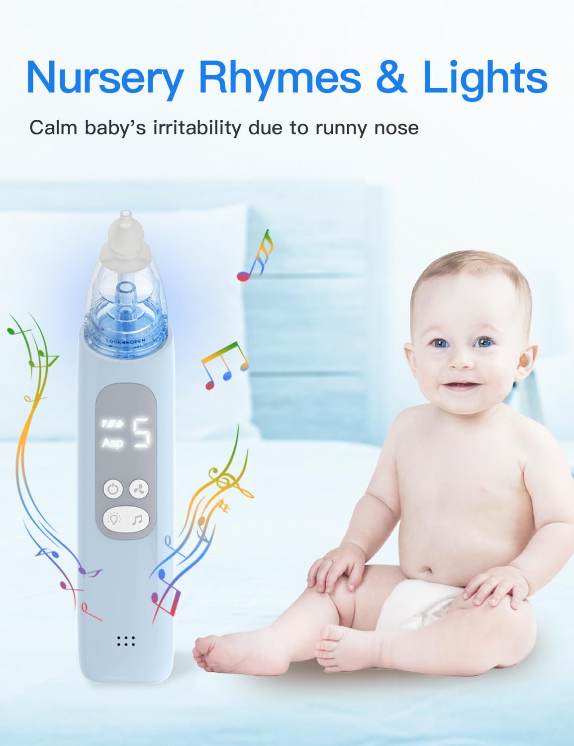 Baby Nasal Aspirator, Bivni Electric Nose Booger Automatic Nose Cleaner with 3 Silicone Tips, 5 Levels Suction, Music & Colorful Light for Infants Newborn