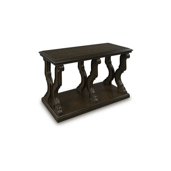 Signature Design by Ashley Maylee Sofa Table, Dark Brown Finish with Scroll Design Legs, Hardwood Solids with Oak & Ash Veneers