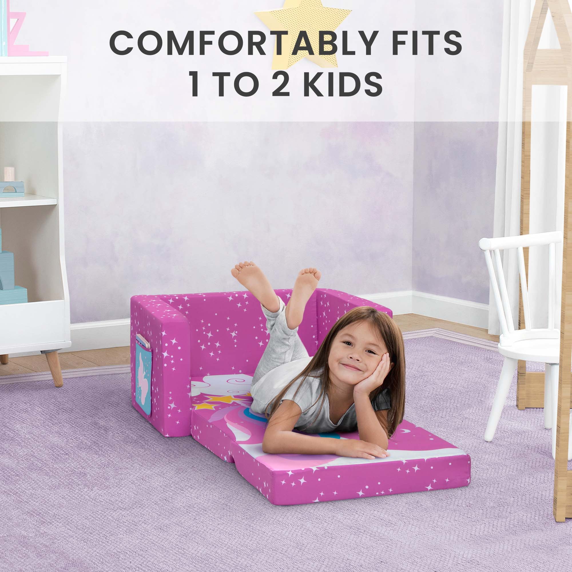 Delta Children Unicorn 2-in-1 Cozy Convertible Flip-Out Foam Chair, Toddler, Pink