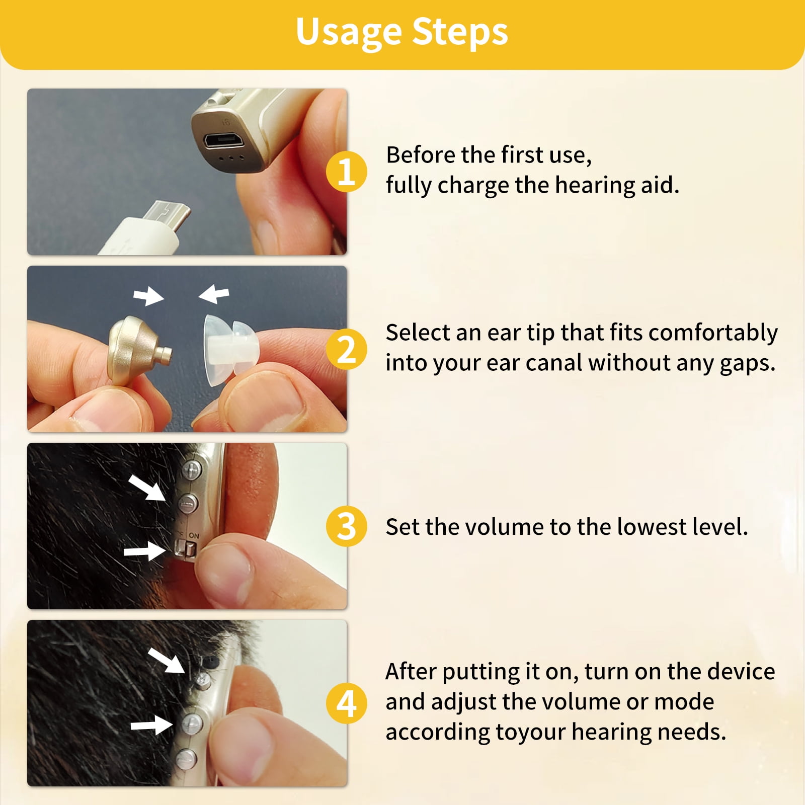 ELCTRTICI Hearing Aids for Seniors, 16-Channel Rechargeable Hearing Aid with Smart Noise Cancelling, 4 Modes & 8 Volume Levels, Single, Gold