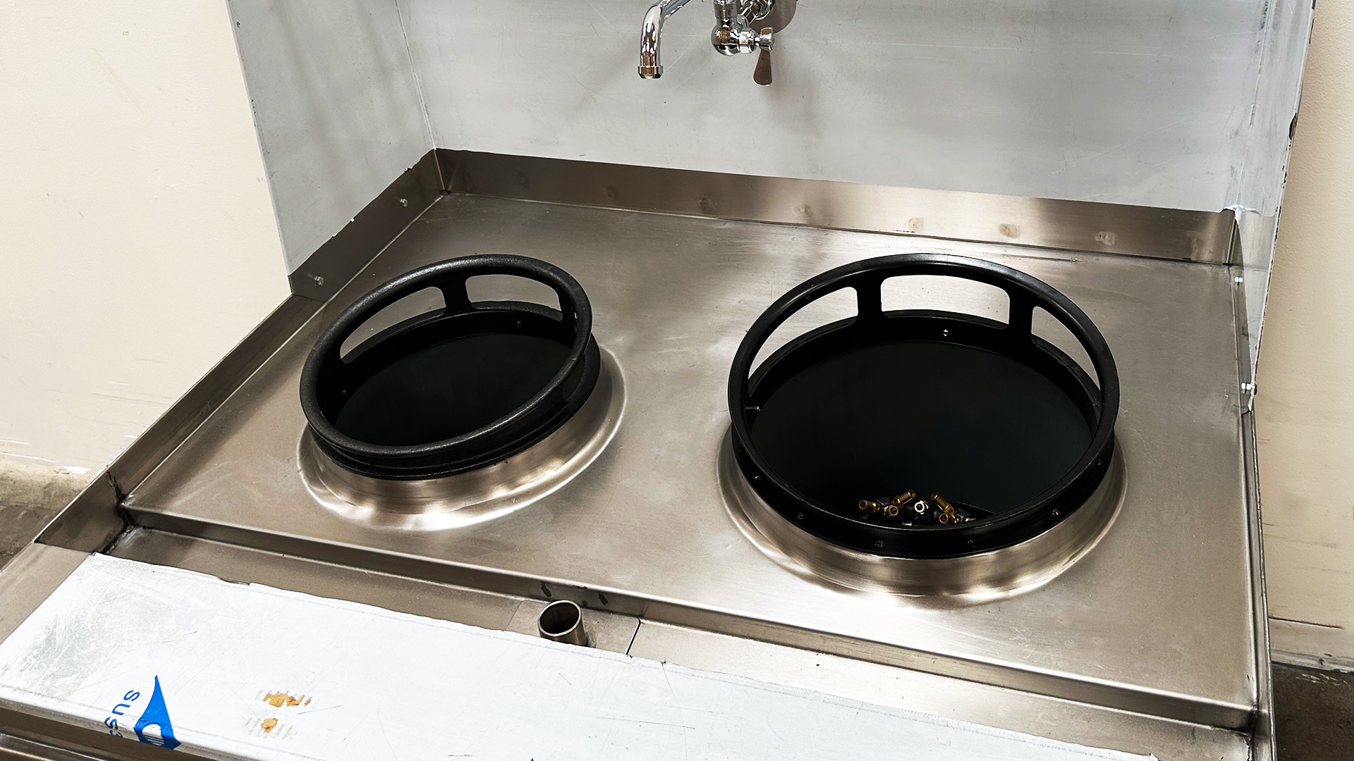 NSF Certified 47.5" 2-Hole Chinese Wok Range – 13" & 16" Ring Burners with Auto Faucet & Backsplash