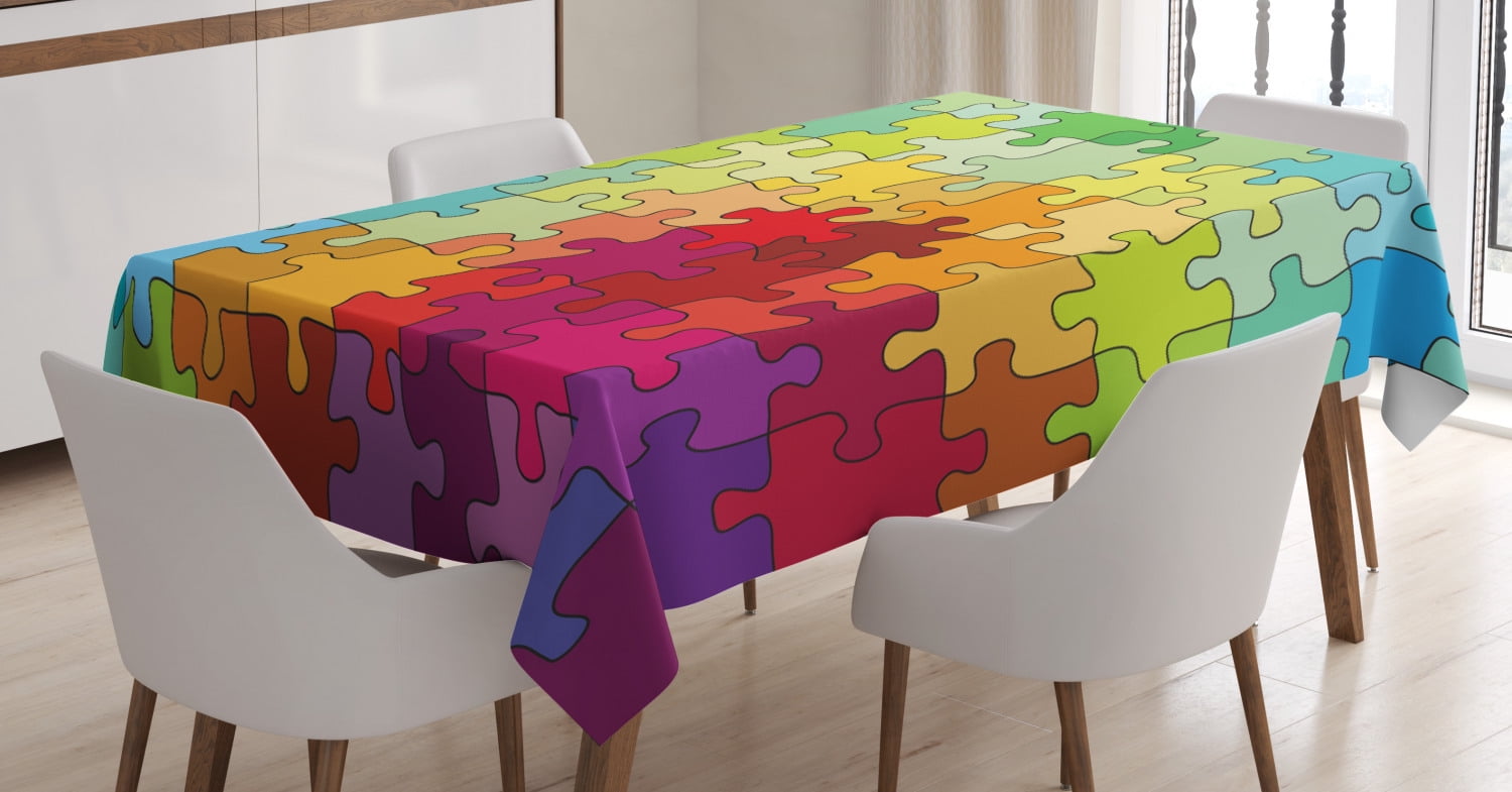 Abstract Tablecloth, Colorful Puzzle Pieces Fractal Children Hobby